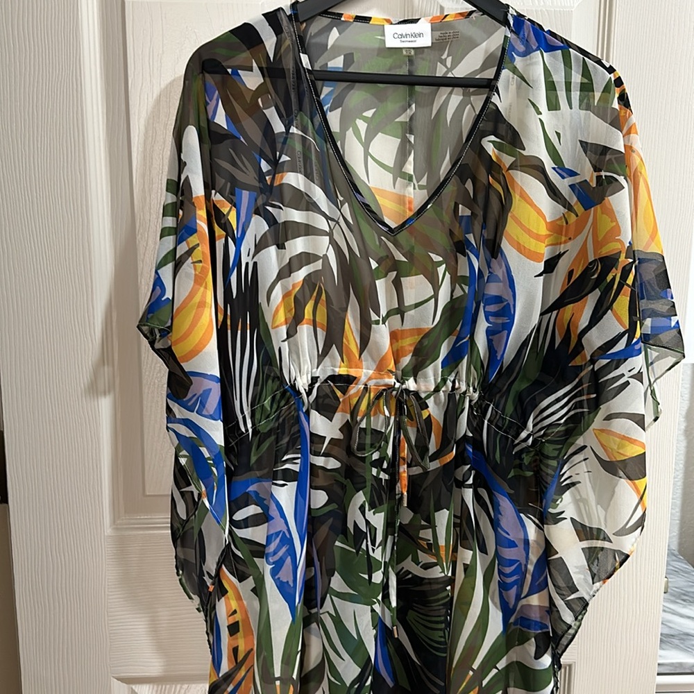 CALVIN KLEIN SWIM COVER UP TROPICAL PALM PRINT NEW WITHOUT TAG SZ S - M COVERUP - Picture 2 of 6